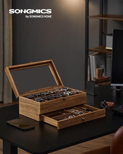SONGMICS SONGMICS 12-Slot Watch Box, 2-Tier Watch Display Case with Large Glass Lid, Removable Watch Pillows, Velvet Lining, Jewelry Box, Gift Idea, Rustic Walnut UJOW012K01