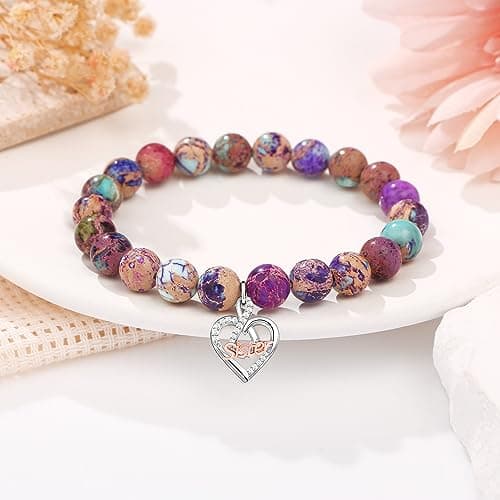 𝗚𝗶𝗳𝘁𝘀 𝗳𝗼𝗿 𝗪𝗼𝗺𝗲𝗻 𝗜𝗻𝗳𝗶𝗻𝗶𝘁𝘆 𝗟𝗼𝘃𝗲 𝗛𝗲𝗮𝗿𝘁 𝗕𝗿𝗮𝗰𝗲𝗹𝗲𝘁 Christmas Birthday Gifts for Sister Daughter Granddaughter Grandma, Natural Colorful Imperial Jasper Bracelet for Mom Wife Nana Aunt