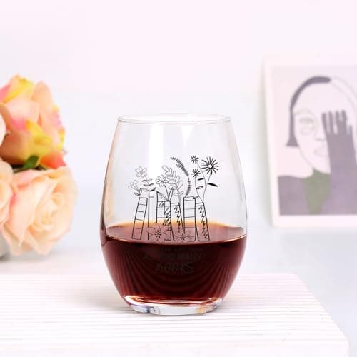 Jogskeor Book Lover Gift Stemless Wine Glass 15oz - There Is No Such Thing As Too Many Books Wine Glass for Book Lover, Birthday Christmas Gifts for Readers Bookworm Her Mom Him Dad Friend