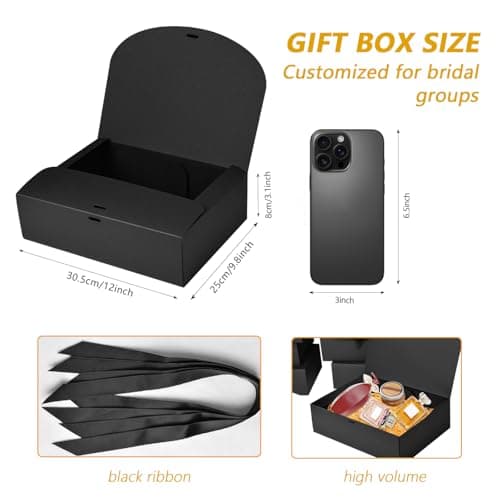 12Pack Black Gift Boxes with Lids, 12×9.8×3.1 Inch Groomsmen Proposal Box, Luxury Black Gift Box with Ribbon for Bridesmaid Box, Graduation, Christmas, Wedding, Birthday, Party