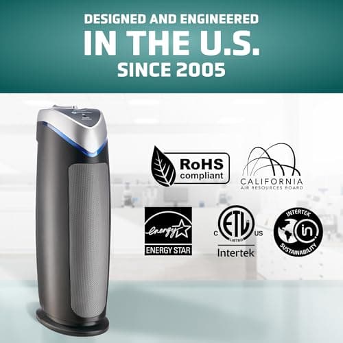 GermGuardian 4-In-1 HEPA Air Purifier for Home, Large Rooms Up To 743 Sq. Ft. with HEPA Air Filter, UV-C Light & Odor Reduction, AC4825E, 22" Tower, Gray