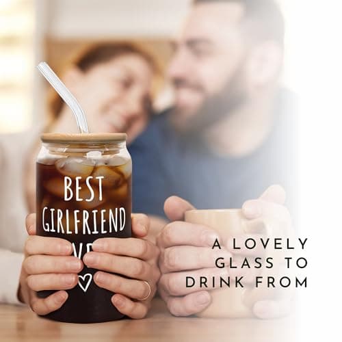 Gifts for Girlfriend - Girlfriend Gifts for Women - Anniversary, Valentines, Birthday Cup for Her - Romantic Love Glass for Her - 16 Oz Can Glass with Lid, Straw & Brush