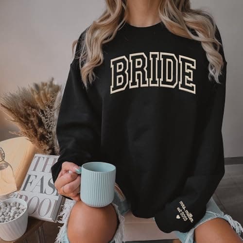 Personalized Embroidered Bride Sweatshirt, Custom Mrs. Last Name, Wedding Gifts For Bride, Bridal Shower, Bachelorette Party Gifts, Engagement Engaged Gift