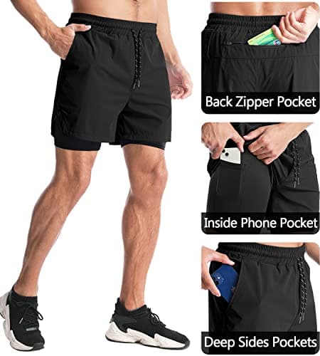 Aolesy Men's 2 in 1 Running Shorts 5" Workout Gym Athletic Shorts for Men Quick Dry Lightweight Training Shorts with Pockets