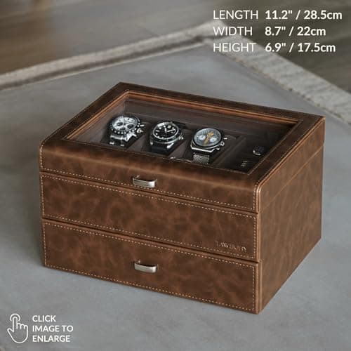 TAWBURY 6 Slot Watch Box for Men - Luxury Watch Jewelry Box for Men with Storage for Sunglasses, Cufflinks | Men's Jewelry Box with Watch Storage | Watch Display Case (Brown)
