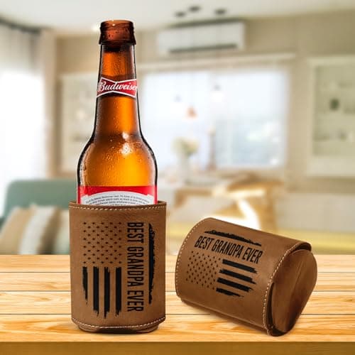 Best Grandpa Ever Gifts - Christmas, Birthday Gift For Grandpa From Granddaughter, Grandson, Kids - 12Oz Fit Collapsible Leather Beer Can Cooler Holder
