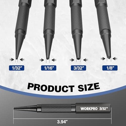 WORKPRO 4-Piece Nail Punch and Center Punch Set, Hardened Cr-V Steel with Knurled Grip,1/32", 1/16", 3/32" Nail Setter & 1/32" Center Punch Tool