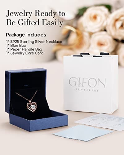 Gifon S925 Sterling Silver Necklace for Women, Wife Jewelry Rose Gold, Mom Birthday Valentines Mothers Day Gifts, Girlfriend Necklaces, Daughter Heart Jewel, Anniversary for Her