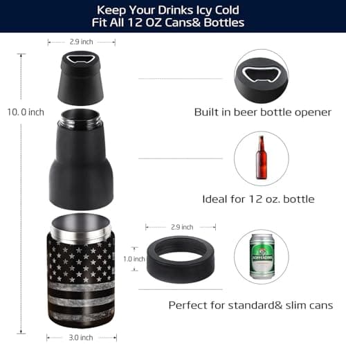 Stepstall Can Cooler Beer Bottle Holder with Beer Opener, 4-in-1 Design Slim Can Beer Bottle Insulators, Double Walled Stainless Steel Insulated, 12 OZ Beer Gifts for Men Father(Black American Flag)