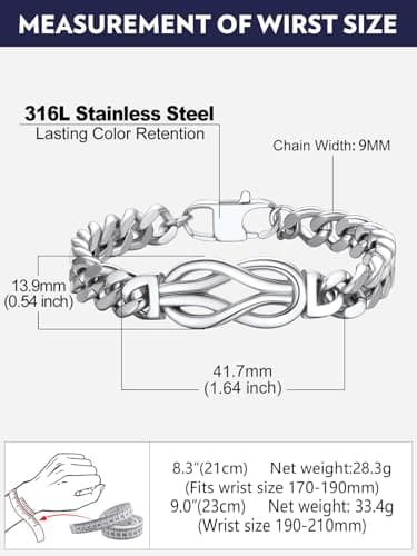 Bandmax Inifinity Love Knot Cuban Link Chain Bracelets for Men Stainless Steel/Black Mens Bracelet with Love Message Card Gift for Son Grandson Husband Father
