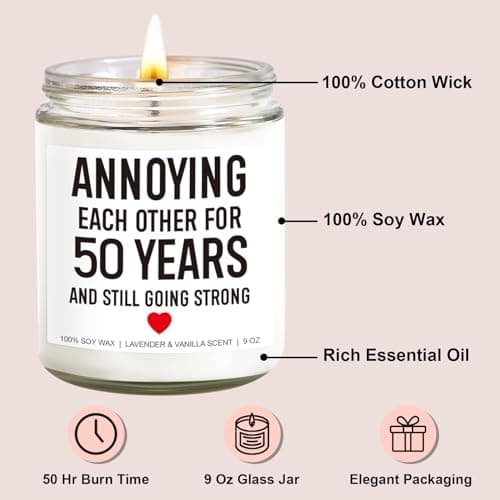 Funny 50 Years Candle, 50th Anniversary, Gifts for Couple, Parents - 50th Wedding Anniversary Decorations, 50 Year Golden Anniversary, Gifts for Husband, Wife, Friends - 9 oz