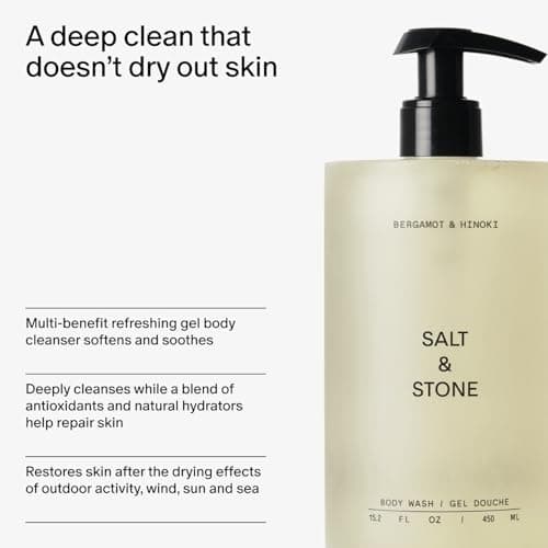Salt & Stone Body Wash with Antioxidants for Deep Moisture | For Women & Men, Sulfate, Paraben, & Dye Free, Leaving Skin Soft and Hydrated | Bergamot & Hinoki 15.2 fl oz