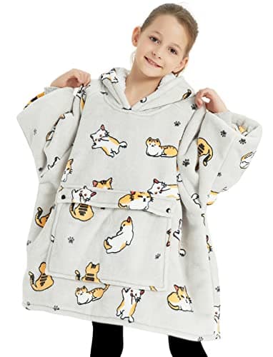 KFUBUO Wearable Blanket Hoodie for Kids Sherpa Patterns Oversized Sweatshirt Blanket With Pocket 6-10 Year Old Girl Boy Birthday Gifts Cat