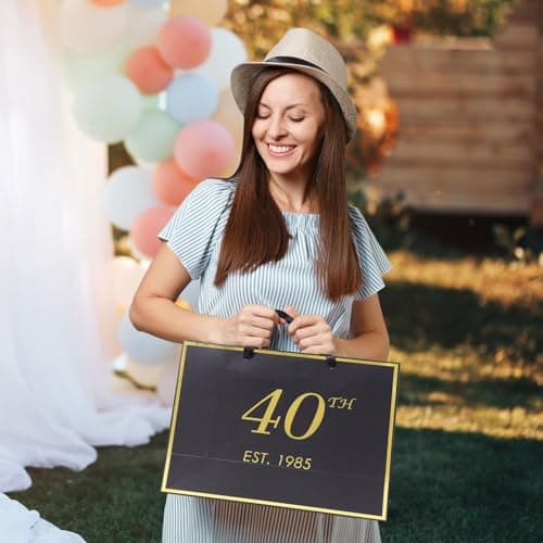 momoake 40th Birthday Gift Bag with Card and Tissue Paper for Men Women, 1985 40 Year Old 13" Elegant Black Gold Anniversary Keepsake Party Present Shopping Paper Bags for Gifts Wrapping (1985 40th)