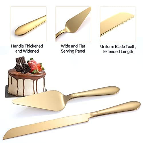 Cake Cutting Set for Wedding, Elegant Cake Knife and Server Set with Thickened Stainless Steel Rounded Edges, Cake Cutter Pie Spatula for Birthday Anniversary Christmas, 2 Pcs, Gold