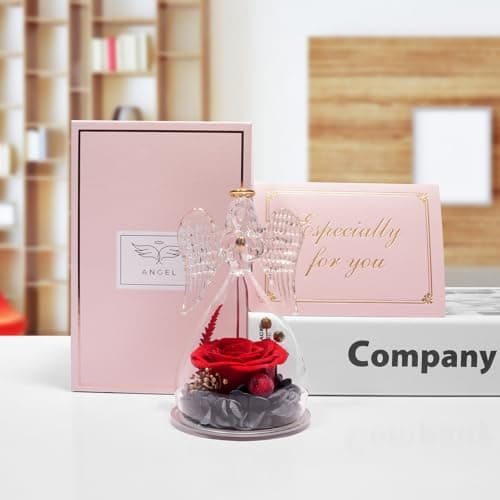 Miofula Preserved Flower Rose Birthday Gifts for Mom, Angel Figurines with Forever Real Rose Gifts for Her Mom Grandma, Unique Angels Gifts for Mothers Day Christmas Anniversary Birthday (Red)