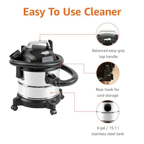 Amazon Basics Wet Dry Vacuum Cleaner, 4 gallon Shop, 3 HP Stainless Steel, Grey/Black