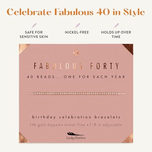 Lucky Feather 40th Birthday Gifts Women | Cute 14k Gold Dipped Beads Bracelet | Fabulous Forty Milestone Bracelet | 40th Birthday Bracelets For Women | Adjustable 7"- 8" Cord | 40 and fabulous
