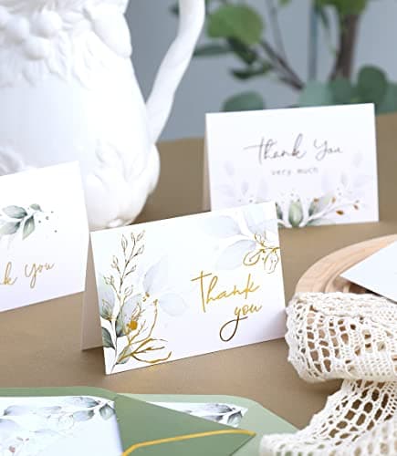Winoo Design 100 PK Luxurious Gold Thank You Cards with Envelopes Bulk Sage Green - 5x3.5 Inches Wedding Thank You Notes Baby Shower Greenery Bridal Shower Small Business