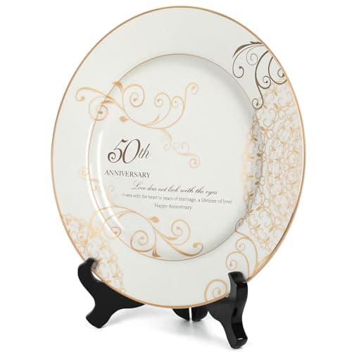 50th Anniversary Wedding Gifts for Couples Parents - 50 Year Marriage Plate with 24k Gold Foil, Golden Keepsake Gift, Ceramic 9 inch
