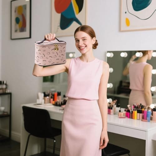 AmBealla Make up Bag Large Travel Cosmetic Bags Organizer with Brush Holder for Girl, Lightweight Cotton Toiletry Bag with Zipper for Women, Portable Makeup Case for Airplane/Home/Gym - Pink