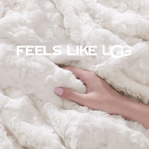 UGG Adalee Faux Fur Throw Blanket Luxury Lightweight Cozy Soft Throw for Couch Bed or Chair Hypoallergenic Machine Washable Double-Sided Fluffy Blanket Home Decor, 50-inch x 70-inch, Natural White