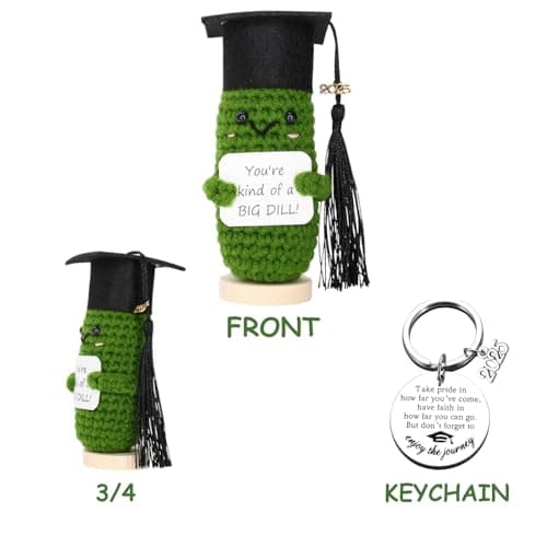 Graduation Gifts 2025 – Big Dill Crochet Pickle with Stand & Keychain | Handmade Grad Gift for High School, College, University, Nurses, PhD. Gifts for Her
