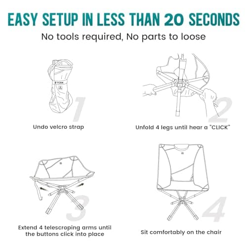 TCEK TCEK Portable High Back Camping Chair with Adjustable Height, Small Compact Outdoor Folding Chair for Adults Travel, Riselite Collapsible Lightweight Packable Camp Chairs, Easy Carry and Quick Setup