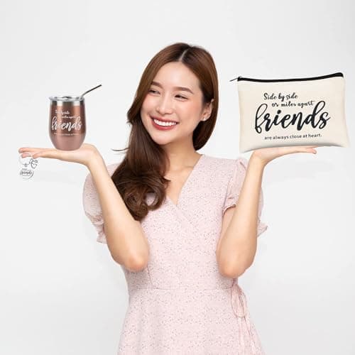 Kolewo4ever 12 Pieces Girl Trip Gifts Favors Bulk Friend Appreciation Gifts Set 4 Friends Wine Tumbler 4 Friends Cosmetic Bag 4 Keychains Appreciation Funny Long Distance Friendship Gift