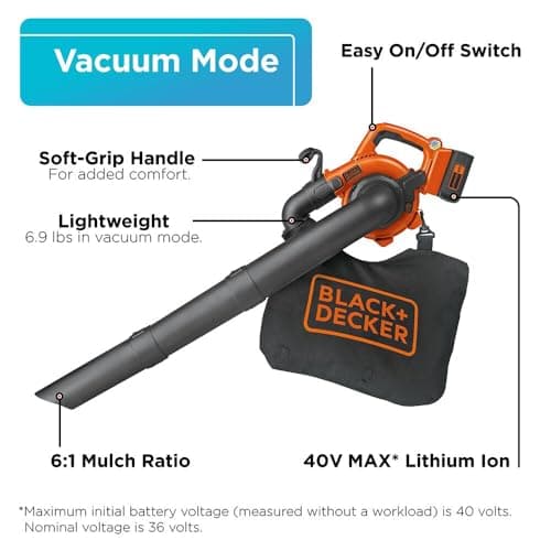 BLACK+DECKER Leaf Blower Cordless Leaf Vacuum and Mulcher Combo Kit, Battery and Charger Included, 40V 120 mph Air Speed, 6-Speed Dial, Built-in Scraper with Collection Bag (LSWV36)