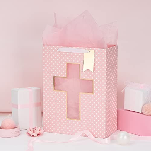 Loveinside Pink Gift Bag with Cross Design, Tissue Paper for Baby Girl Baptisms, Christenings, First Communions Religious Occasion- 10" x 5" x 13", 1 Pcs