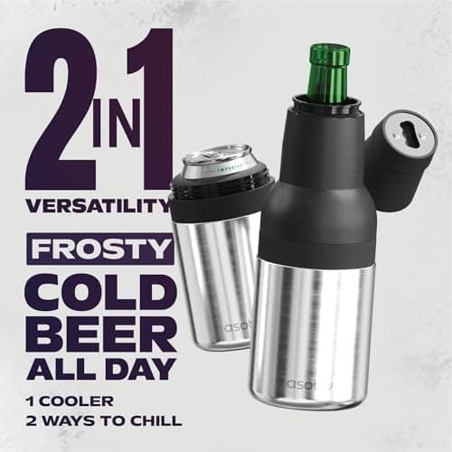 Asobu Frosty Beer Holder,Vacuum Insulated Double Walled Stainless Steel Beer Can and Bottle Cooler with Beer Opener, Bpa Free, Fits Standard 12oz, Ice Cold for Hours, Great Gift for Beer Lovers
