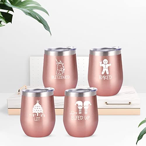 Qtencas Christmas Funny Wine Tumbler Set, 12 Oz Stainless Steel Wine Tumbler with Spoon for Women Friends Sisters Men, Gift Idea for Christmas Xmas Wedding Party, 4 Pack, Rose Gold