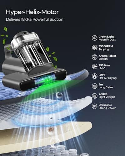 Powerful Mattress Bed Vacuum Cleaner, 2-Speed (14kPa/18kPa) Mattress Vacuum with Green Light Dust Detection, 253.7nm UV-C Light, LED Display, HEPA Filter, 149℉ Heat, Aroma for Bed Couch Carpet
