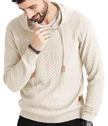 Zaitun Mens Hooded Sweatshirt Long Sleeve Solid Knitted Hoodie Pullover Sweater