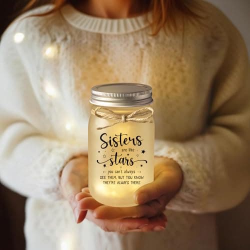 Mason Jar Night Light Gifts for Sister, Sister Birthday Gifts, Sisters Gift for Women, Soul Sister, Best Friend, Long Distance Night Light Gift for Mothers Day Christmas