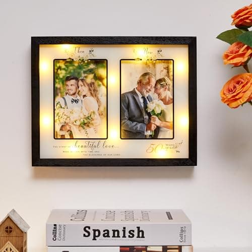 Then & Now 50th Anniversary Picture Frame for Couple, Celebrate Years of Love Anniversary Wooden Photo Frame for Parents, Husbands, Wives, Wedding Engagement Gifts, Double Frame 4x6 Photos Black