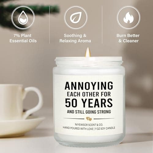Niyewsor 50th Wedding Anniversary Couple Gifts, 50th Anniversary Candle Gifts for Couple, Parents, Husband, Wife, Him, Her, Friends, Golden Wedding Keepsake, Handmade, 7oz