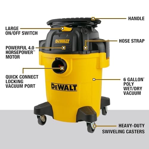 DEWALT Shop Vacuum 6 Gallon 4HP Poly Wet Dry Vacuum Ultimate Cleaning Solution for Construction Workshop Environments for Jobsite Garage Home W/Inflation Ket, Yellow, DXV06PL