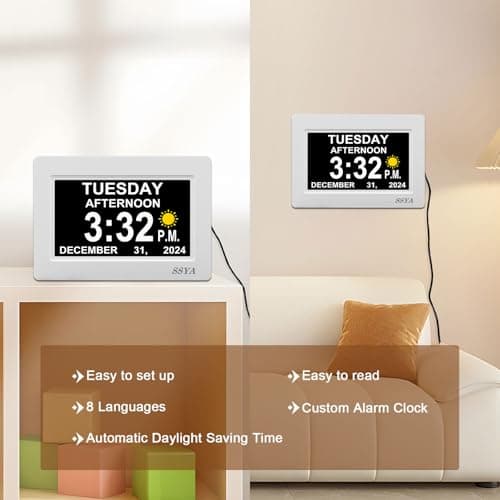 SSYA Digital Calendar Alarm Clock - Dementia Clocks for Seniors, Non-Abbreviated Memory Loss Clock with Date and Time for Elderly (White)