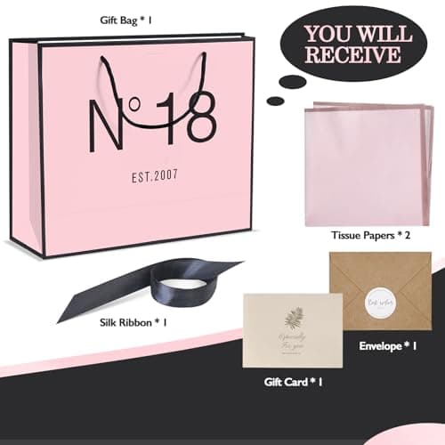 18th Birthday Gift Bag with Card Envelope Sticker Bow Ribbon and Tissue papers for Women Girls N°18 EST.2007 Design with Handles,for Celebrating 2007 18th Birthday Anniversary 13" (EST.2007 18th)