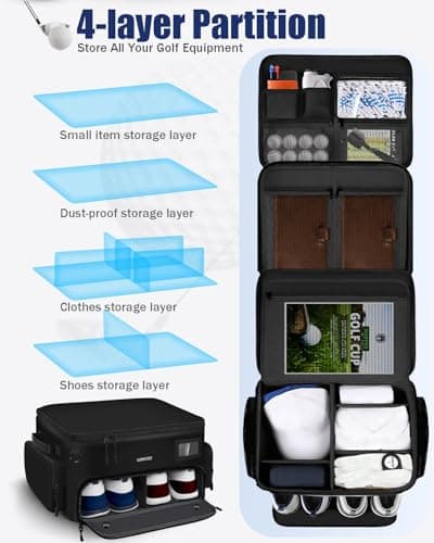 Golf Trunk Organizer, Waterproof Car Golf Locker with Separate Ventilated Compartment for 2 Pair Shoes, Golf Storage for Balls, Tees, Cap, Clothes, Gloves, Accessories, Gifts for Men, Women