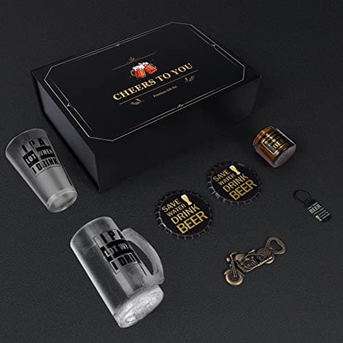 Beer Gifts for Men, Gift Basket for Beer Lovers, Gifts Box for Dad Husband Boyfriend Grandpa, Anniversary Wedding Birthday Gifts for Him incl. Beer Glass Bottle Opener Coaster Keychain