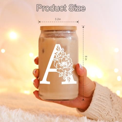 Coolife Initial Glass Cup, Monogrammed Gifts for Women, 16 oz Glass Cups w/Lids Straws, Iced Coffee Smoothie Beer Tumbler w/Straw Lid - Personalized Christmas, Birthday Gifts for Her Mom Friend Woman