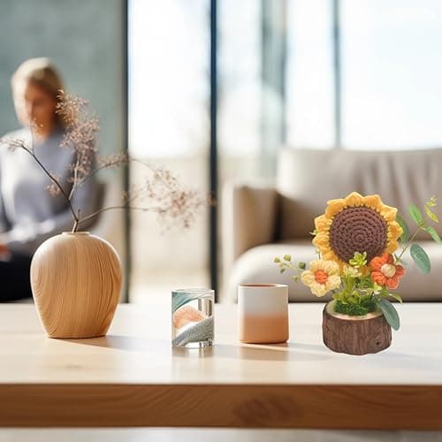 Handmade Crochet Knitted Sunflower Bouquet Creative Knitted Potted Plant Mini Cute Home Desktop Decorations and Gifts for Friends, Lovers, Classmates