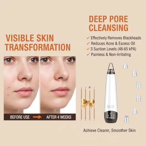 2026 Pore Vacuum, USB Rechargeable Blackhead Remover Vacuum,3 Levels Adjustable Pore Vacuum Blackhead Remover, with 6 Suction Power Probe,4 Golden Needle face Vacuum Pore Cleanser Kit-White