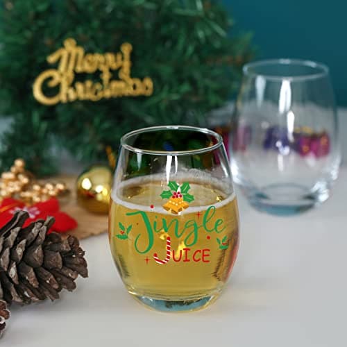 Jogskeor Jingle Juice Christmas Wine Glass, 15 Oz Christmas Stemless Wine Glass for Friends Women Men, New Year Gift Idea for Christmas Wedding Party