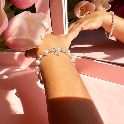 Baby Crystals Pearl Bracelets for Girls, Sterling Silver Cross Charm, Baptism Gifts for Girl, Baby Bracelet with Simulated White Pearls and Crystals, Girls Jewelry Birthday Gift