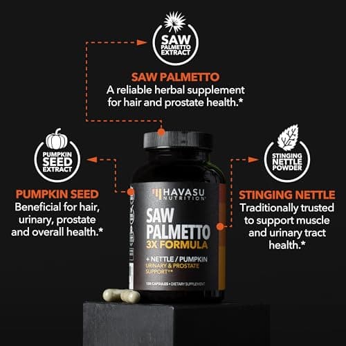 HAVASU NUTRITION Saw Palmetto Supplement with Stinging Nettle and Pumpkin Seed Extract - Advanced 3X Formula - DHT Blocker Urinary Health and Prostate Support for Mens Health - Vegan, Non-GMO Capsules - 2 Month Supply