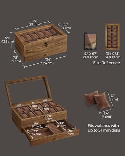SONGMICS SONGMICS 12-Slot Watch Box, 2-Tier Watch Display Case with Large Glass Lid, Removable Watch Pillows, Velvet Lining, Jewelry Box, Gift Idea, Rustic Walnut UJOW012K01